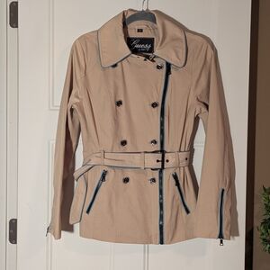 Guess Women's Beige Short Trench Coat with Blue Accents. Size Medium